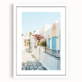 Abstract art print featuring swirling blue and white patterns on a framed canvas, suitable for dining room or bedroom decor.