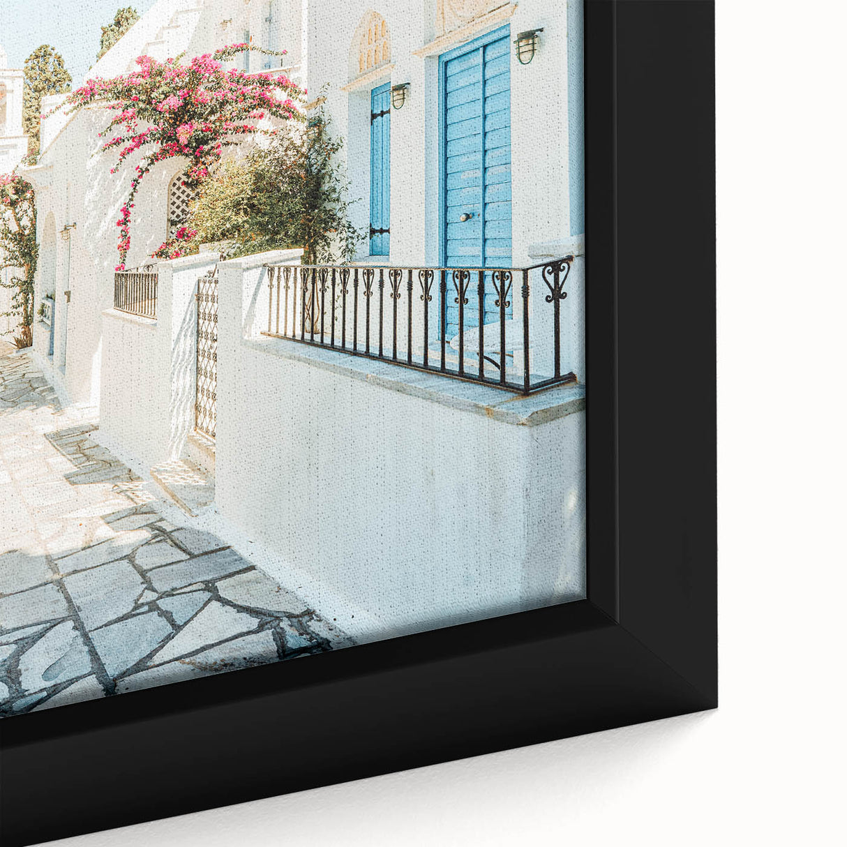 Close-up of extra large black wall art featuring colorful, textured abstract design on framed canvas.