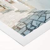 Art deco poster featuring geometric patterns in gold and teal on a rolled canvas, suitable for dining room walls.