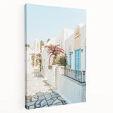 Large abstract painting on stretched canvas featuring vibrant blue and orange hues, ideal for kitchen wall art.