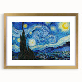 Abstract art print depicting swirling blue and yellow patterns on a gold-framed canvas.