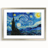 Extra large abstract art print with textured swirls in blue and yellow hues, framed in silver, ideal for living room decor.
