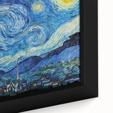 Close-up of a framed canvas depicting a Van Gogh-inspired scene in textured black with vibrant color accents.