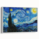 Framed canvas featuring a vintage poster art of Van Gogh's painting in vivid colors on a large black background.
