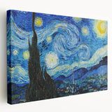 Reproduction of Van Gogh's painting on large stretched canvas, featuring swirling blue and yellow tones.