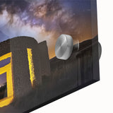 Close-up of an acrylic glass artwork depicting a vibrant landscape with a castle, showcasing rich colors and intricate details that enhance any space.