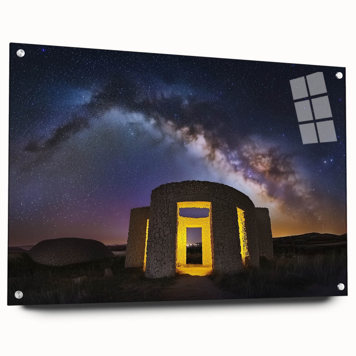 Acrylic landscape artwork depicting a majestic castle view, elegantly displayed with pins on a glass surface, highlighting vibrant colors and intricate details.