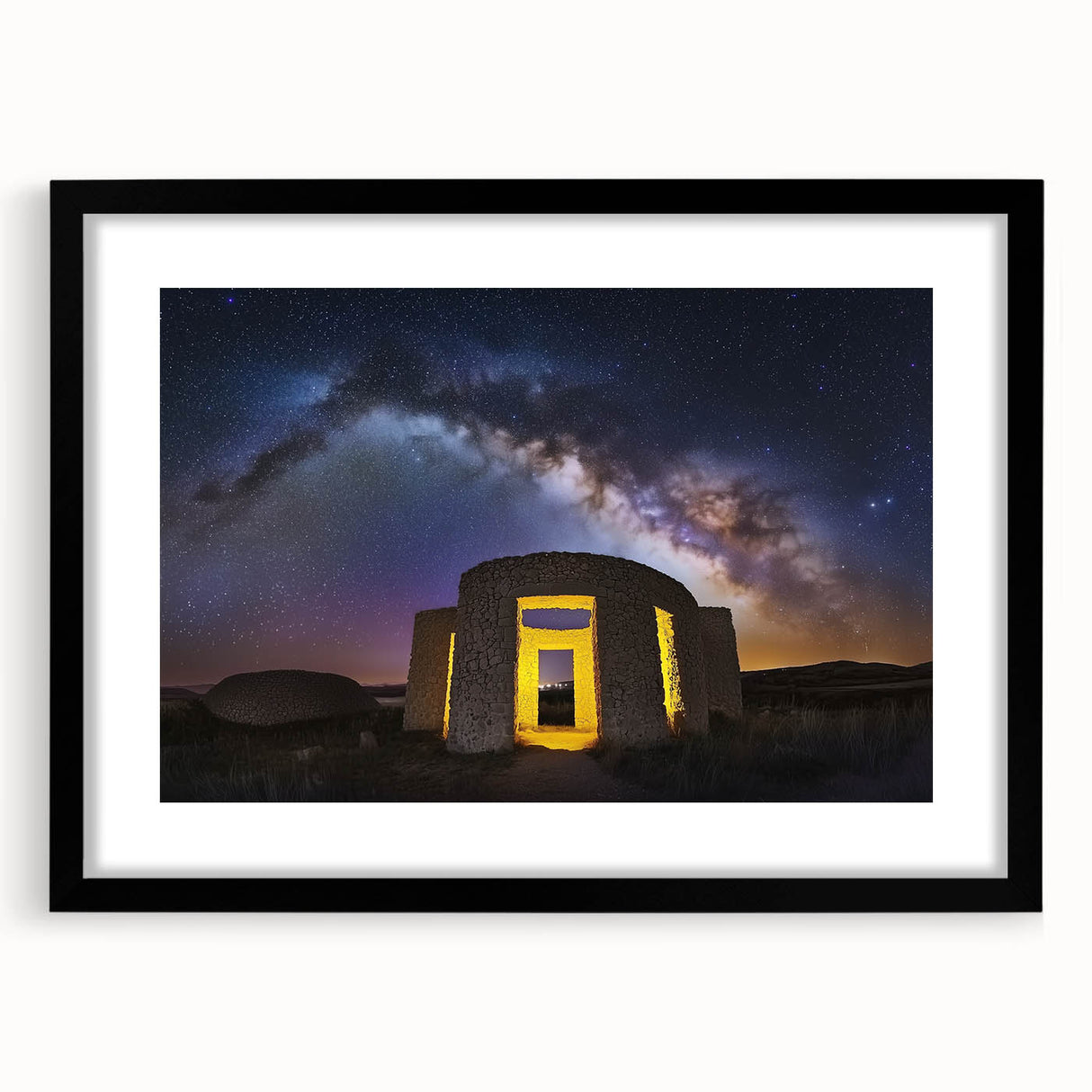 Elegant black-framed landscape artwork showcasing a majestic castle surrounded by lush greenery, designed with a mat for added sophistication, perfect for home decor.