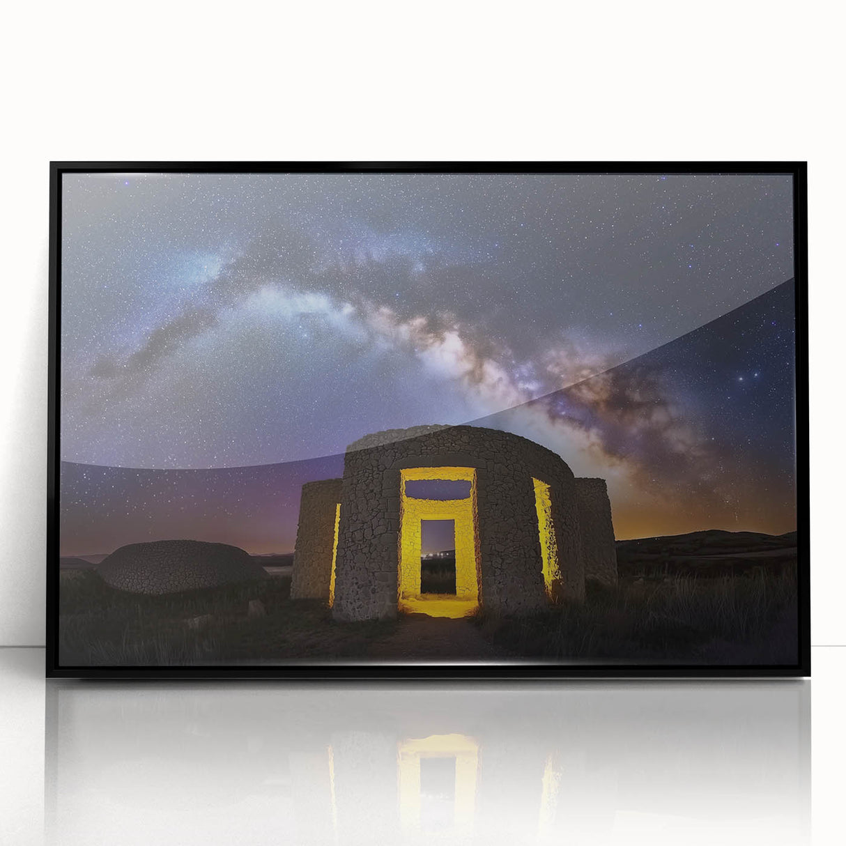 Framed acrylic artwork showcasing a detailed landscape of a majestic castle, displayed in a sleek black frame, perfect for elegant home decor.