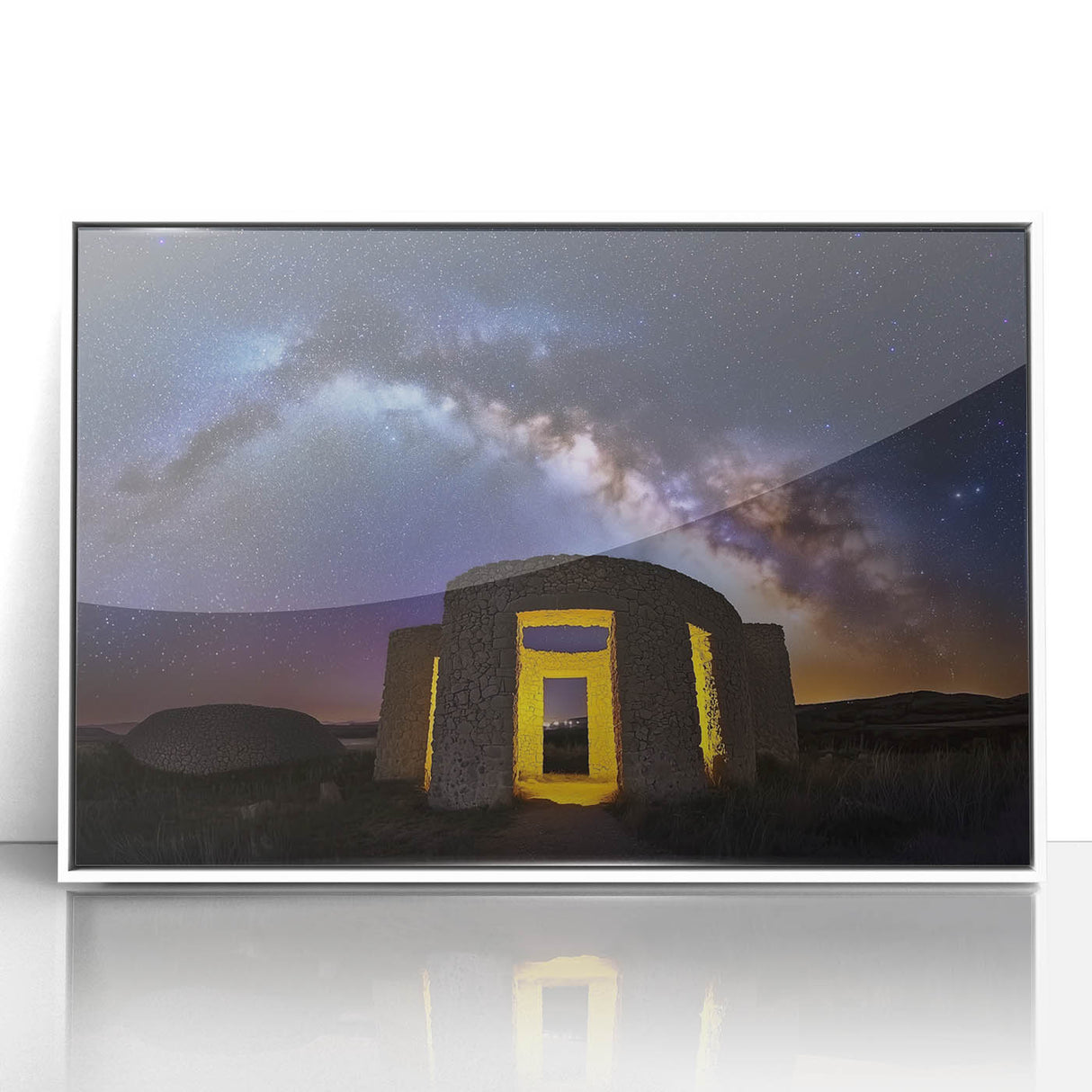 Framed acrylic artwork showcasing a picturesque landscape with a majestic castle, set against a serene sky, ideal for home decor enthusiasts seeking elegant wall art.