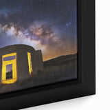 Close-up of a framed canvas artwork depicting a serene landscape with a majestic castle, showcasing vibrant colors and intricate details, perfect for home decor.