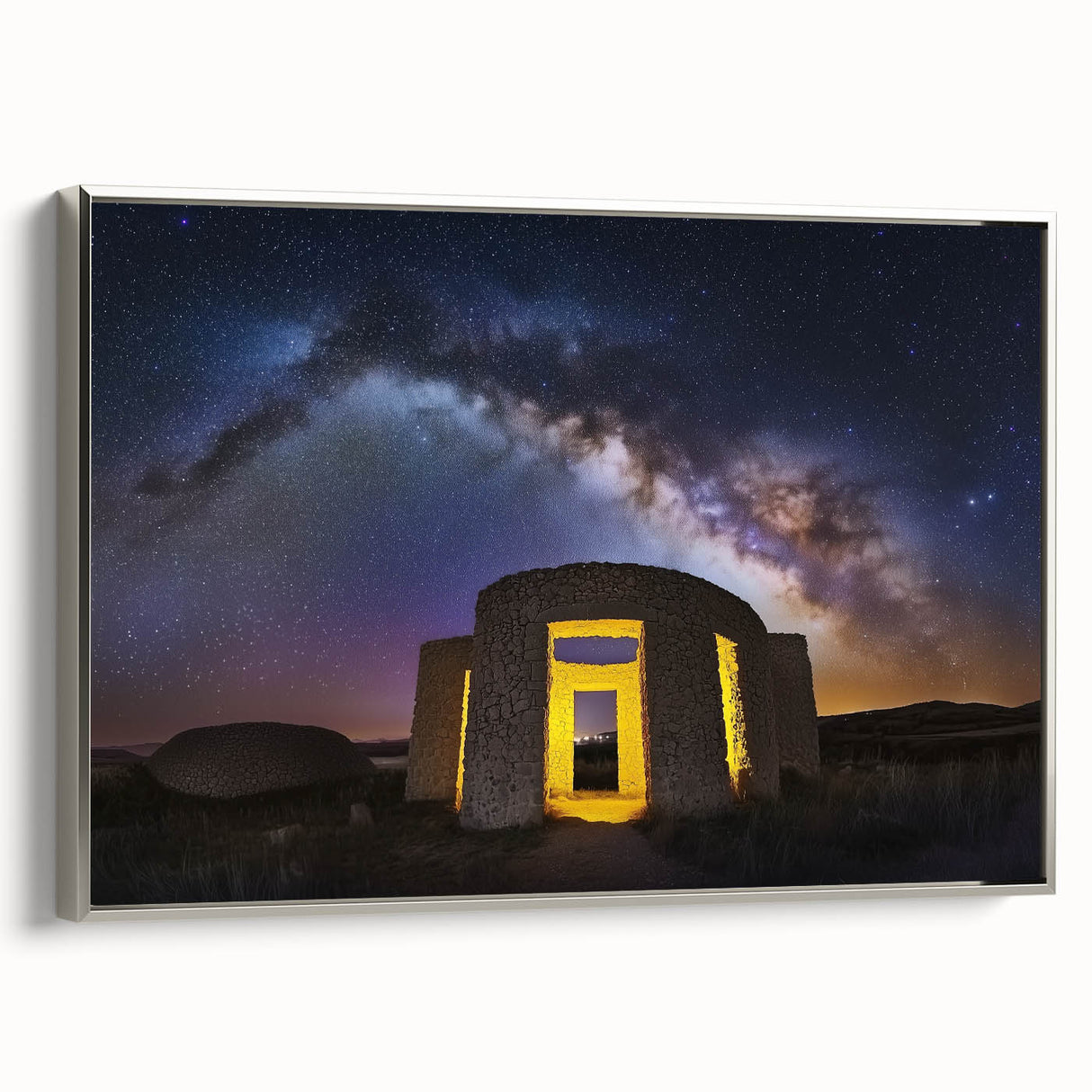 Framed canvas artwork depicting a serene landscape with a majestic castle, featuring a silver frame that enhances the elegant design, perfect for home decor.