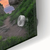 Close-up of a stunning acrylic glass artwork depicting colorful landscapes and caves, showcasing intricate details and vibrant hues, perfect for modern home decor.