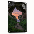 Acrylic glass artwork showcasing a vibrant landscape with caves, displayed from a side view, featuring distinct pin accents, ideal for modern decor.