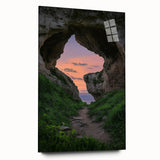 Acrylic glass artwork showcasing a stunning landscape scene with intricate cave formations, displayed from a side view, highlighting vibrant colors and detailed textures.