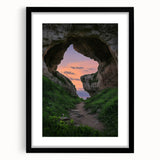 Black-framed landscape art print featuring intricate cave designs, elegantly matted for a polished look, ideal for enhancing modern home decor.