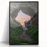 Framed acrylic artwork showcasing a stunning landscape with intricate cave details, featuring a sleek black frame, perfect for modern home decor.