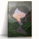Framed acrylic artwork showcasing a stunning landscape with intricate cave formations and a shimmering gold front, ideal for modern home decor.