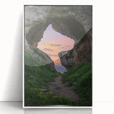 Framed acrylic artwork depicting a serene cave landscape with vibrant colors and intricate details, set against a crisp white background for modern decor.