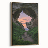 Framed canvas artwork depicting a serene landscape with caves and gold accents, showcasing a side view that highlights its intricate details and elegant design. Perfect for adding a touch of sophistication to home decor.