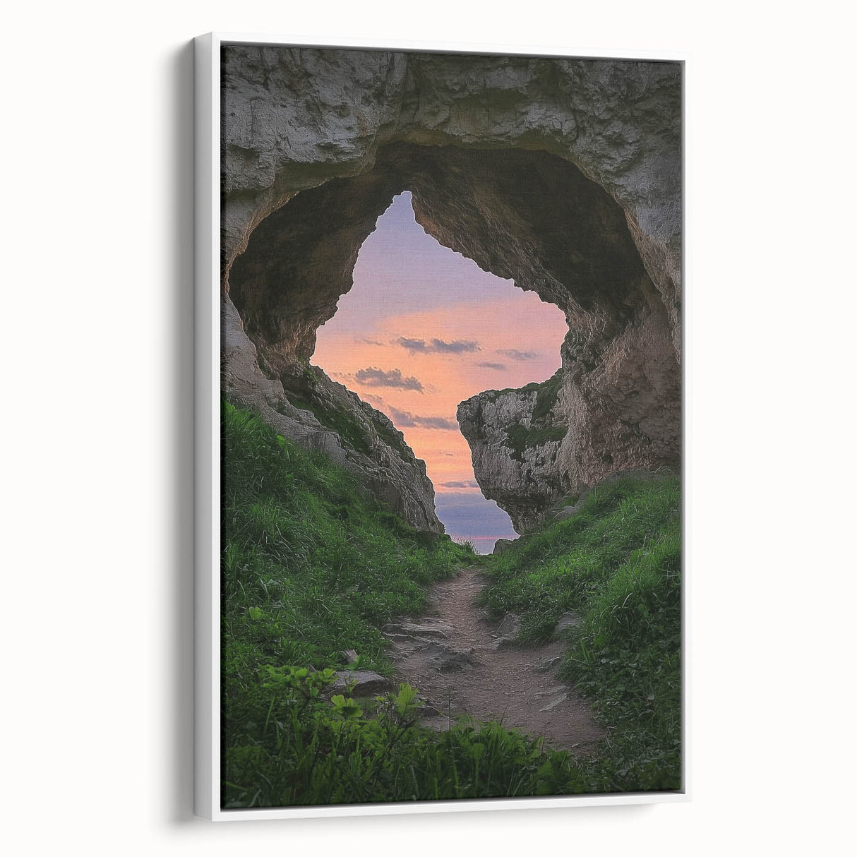 Framed canvas artwork of a serene cave landscape, showcasing earthy tones and intricate textures, displayed from a side view against a white background. Perfect for enhancing modern home decor.