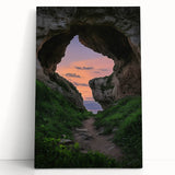 Stretched canvas artwork showcasing a serene landscape with caves, featuring earthy tones of browns and greens, perfect for enhancing home decor aesthetics.