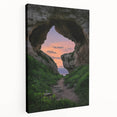 Stretched canvas artwork depicting a serene landscape with intricate cave formations and vibrant colors, perfect for enhancing modern home decor.