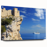 Acrylic landscape artwork depicting vibrant cliffs in bold colors, showcased in a sleek glass frame with pins for secure mounting and an elegant side view.