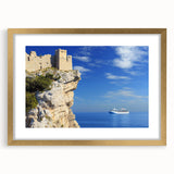 Elegant gold-framed landscape artwork showcasing dramatic cliffs, complete with a white mat, ideal for enhancing interior decor. Perfect for nature enthusiasts.