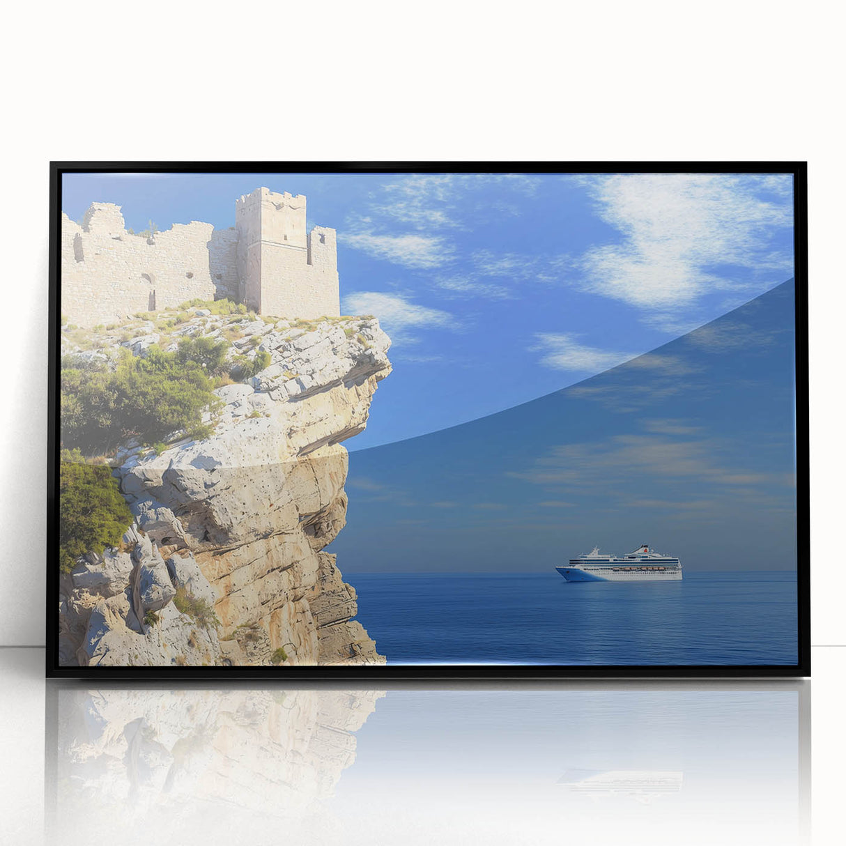 Framed acrylic artwork showcasing a dramatic cliff landscape in vibrant colors, featuring a sleek black frame, perfect for modern home decor or office spaces.