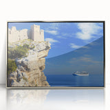 Framed acrylic artwork showcasing stunning cliffs against a vibrant blue sky, perfect for modern home décor. The silver frame enhances the landscape's natural beauty.