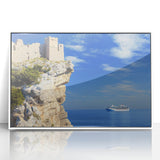 Framed acrylic artwork depicting a stunning cliff landscape with vibrant colors and intricate details, showcasing natural beauty and depth in a sleek white frame.