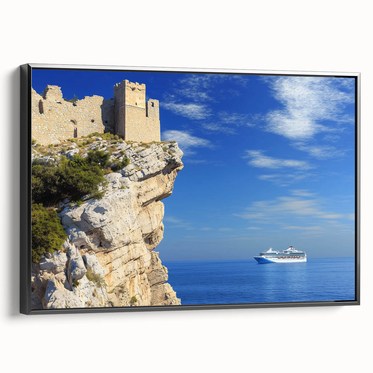 Framed canvas artwork showcasing a stunning cliff landscape in vibrant colors, with a sleek black frame, ideal for modern home decor. Perfect for nature enthusiasts.