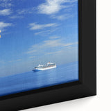 Close-up view of a framed canvas depicting rugged cliffs in a serene landscape, showcasing detailed textures and vibrant colors, ideal for enhancing home decor.