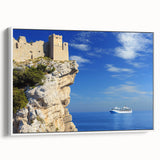 Framed canvas artwork depicting a stunning landscape of rugged cliffs and serene waters, showcasing vibrant colors and intricate details, perfect for home decor.