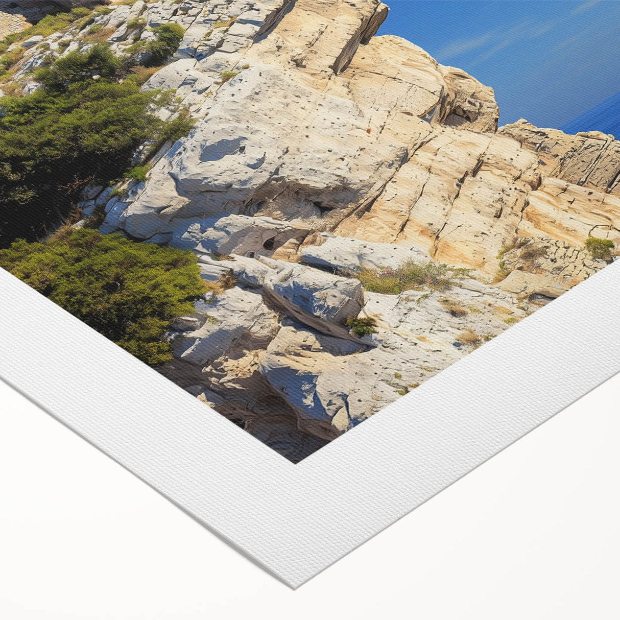 Vibrant rolled canvas artwork depicting a dramatic cliff landscape with rich colors and textures, ideal for home decor or office enhancement.