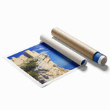 Stunning landscape print showcasing dramatic cliffs against a vibrant sunset, rolled and securely packaged in a protective cardboard tube, perfect for home decor.