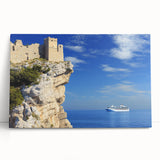 Stretched canvas artwork depicting a dramatic landscape of towering cliffs and serene ocean waves, showcasing vibrant colors and intricate textures, ideal for home decor.