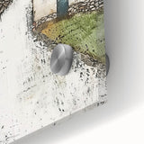 Close-up of an abstract architectural wall art piece made from acrylic glass, showcasing intricate geometric patterns in shades of blue and gold, perfect for modern decor.