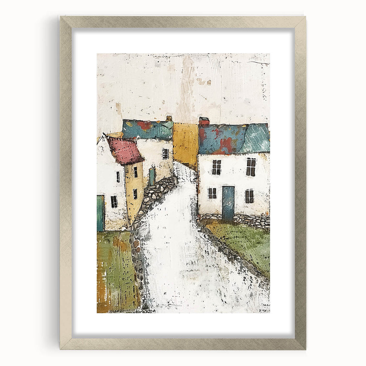 Abstract wall art showcasing a modern architectural design framed in silver, featuring a mat that emphasizes the intricate patterns and textures, ideal for contemporary decor.
