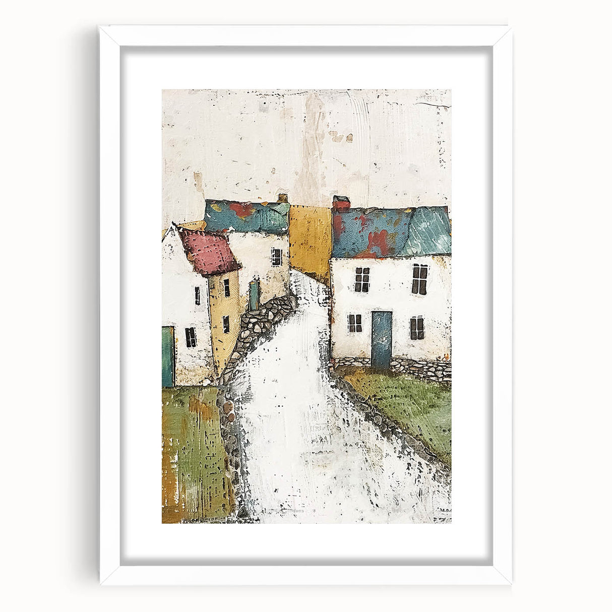Abstract architecture wall art framed in white matting, showcasing geometric shapes and vibrant colors, ideal for modern home decor and artistic spaces.