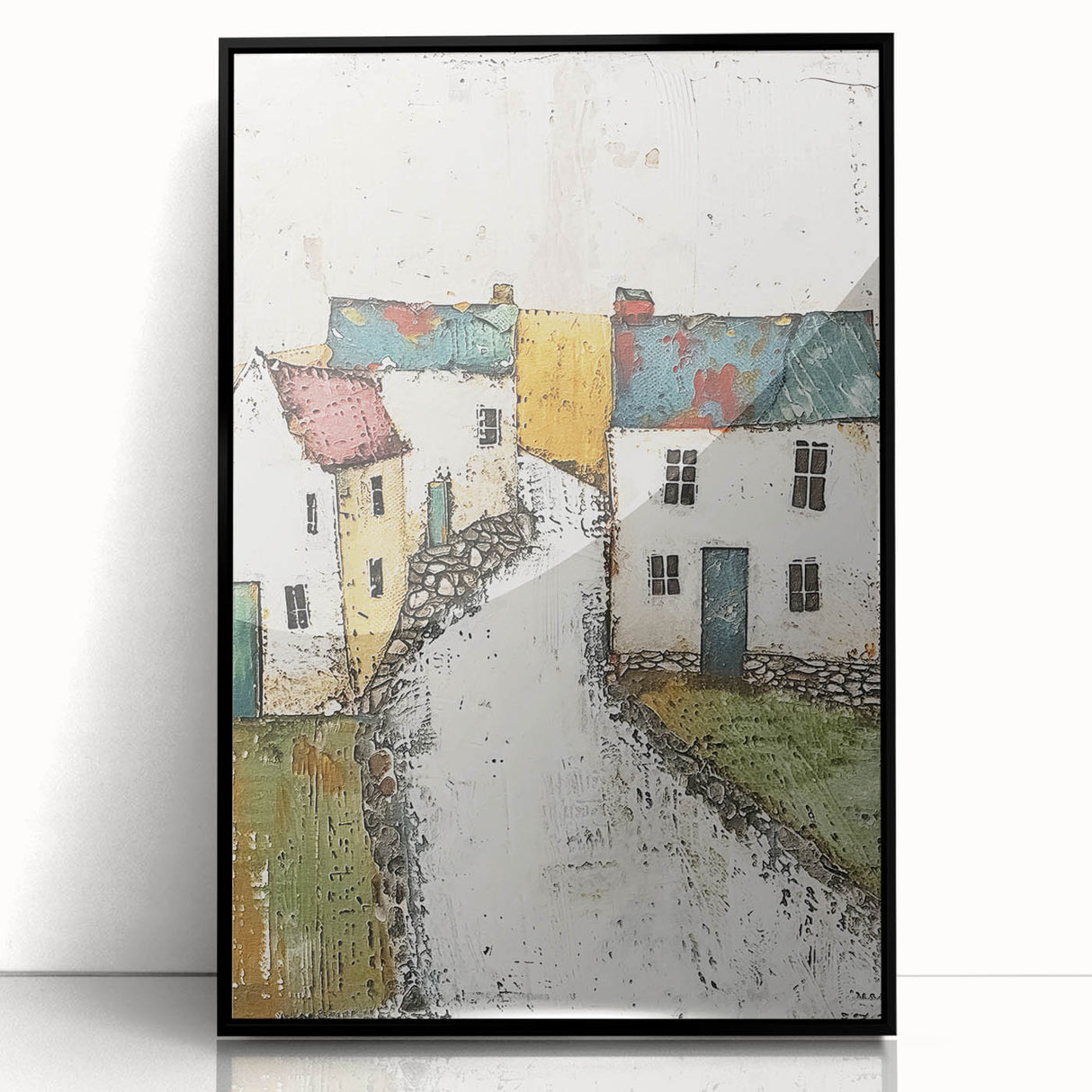 Framed abstract architecture wall art in a sleek black acrylic frame, showcasing geometric shapes and modern design elements, ideal for contemporary home decor.