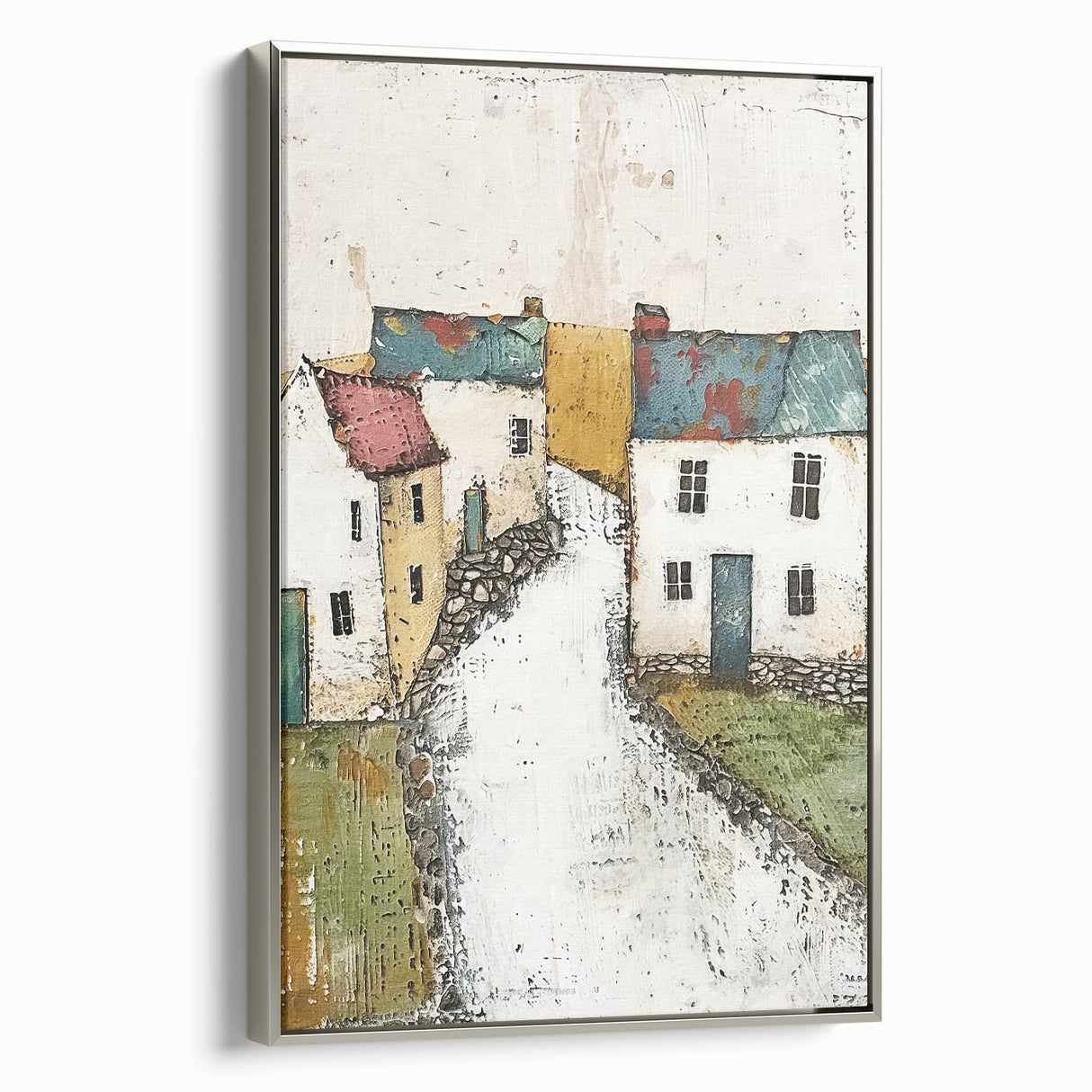 Framed abstract architecture wall art in silver, showcasing geometric shapes and lines, perfect for modern home decor. Side view highlights sleek design and premium finish.