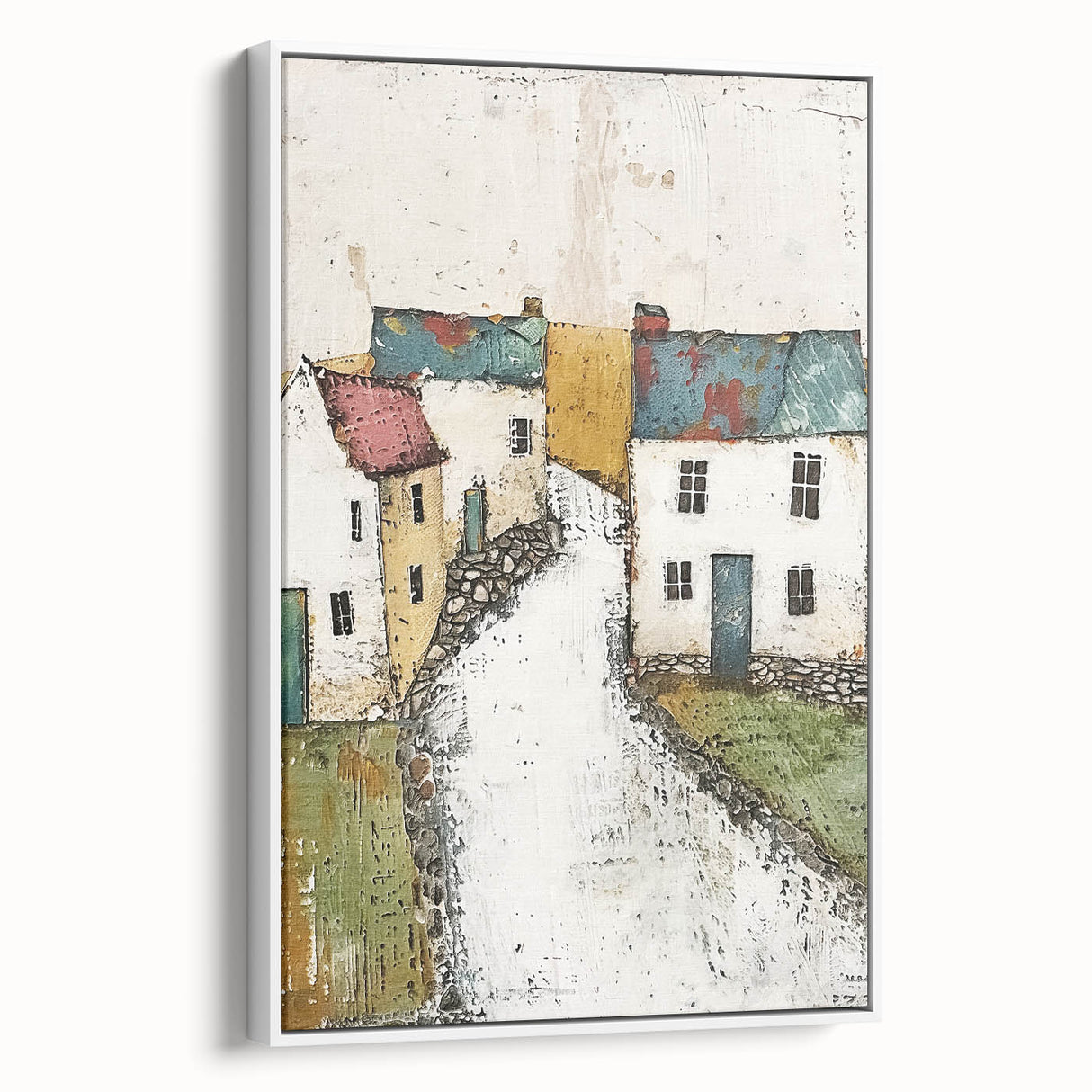 Framed abstract architecture wall art showcasing a minimalist design in shades of white and gray, elegantly displayed from a side view to highlight its dimensions and modern aesthetic.