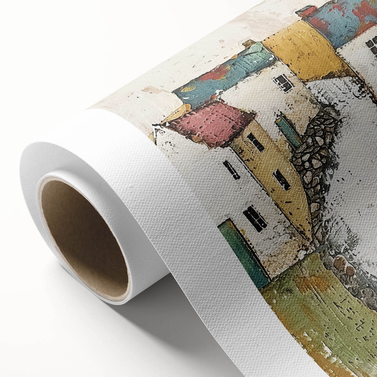 Abstract architectural wall art on rolled canvas, showcasing a blend of geometric shapes and muted colors, ideal for modern decor. Packaged securely in a cardboard tube for safe delivery.