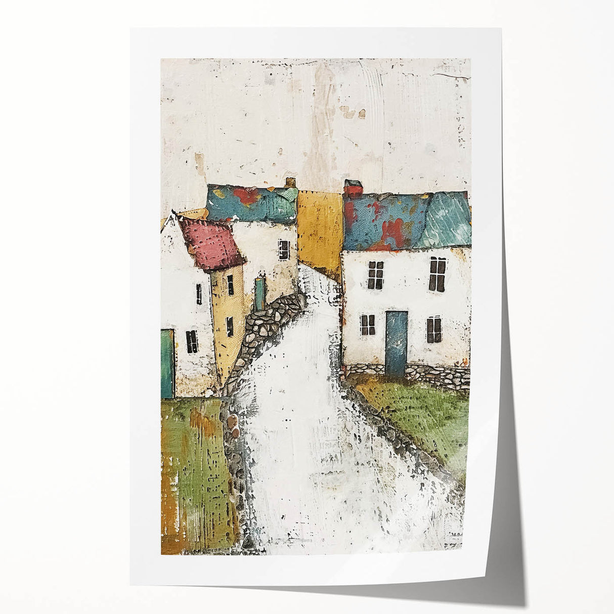 Abstract architectural wall art print showcasing geometric shapes in a vibrant color palette of blues, oranges, and whites, ideal for modern home decor.