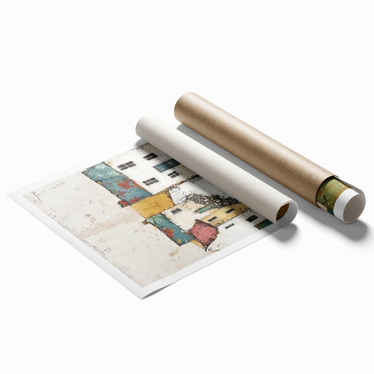 Abstract architectural wall art print showcasing geometric shapes and vibrant colors, rolled and ready for display. Perfect for modern decor enthusiasts.