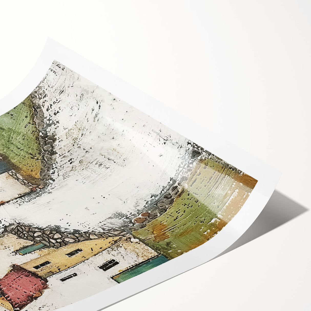 Abstract architectural wall art print showcasing geometric shapes and vibrant colors, rolled and ready for display, perfect for modern home decor.
