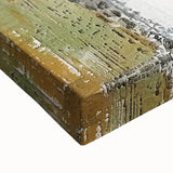 Close-up view of an abstract architecture wall art stretched canvas, showcasing intricate geometric patterns in shades of blue and gray, perfect for modern decor.