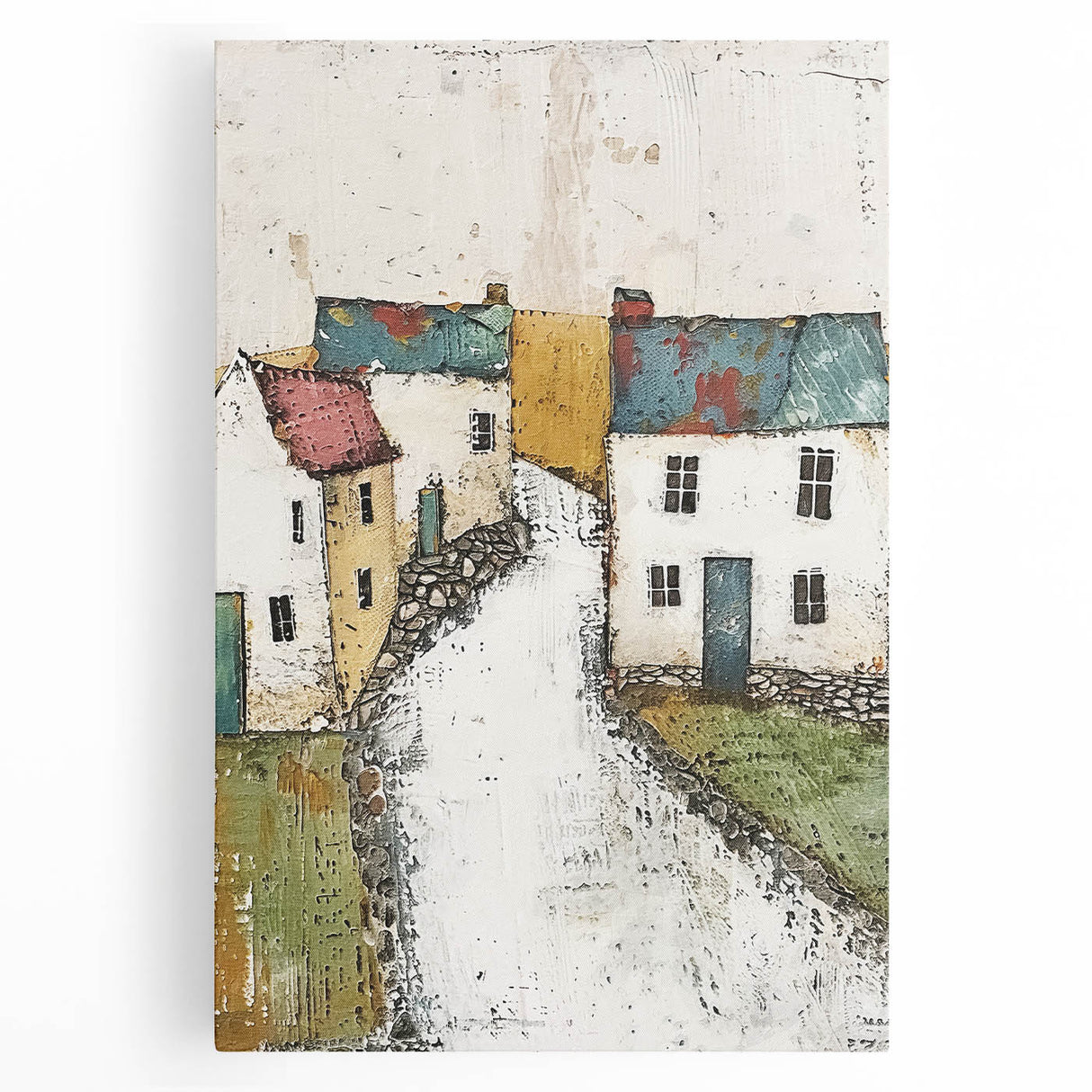 Abstract architecture wall art on stretched canvas showcasing bold geometric patterns in vibrant colors, perfect for modern home decor and artistic expression.